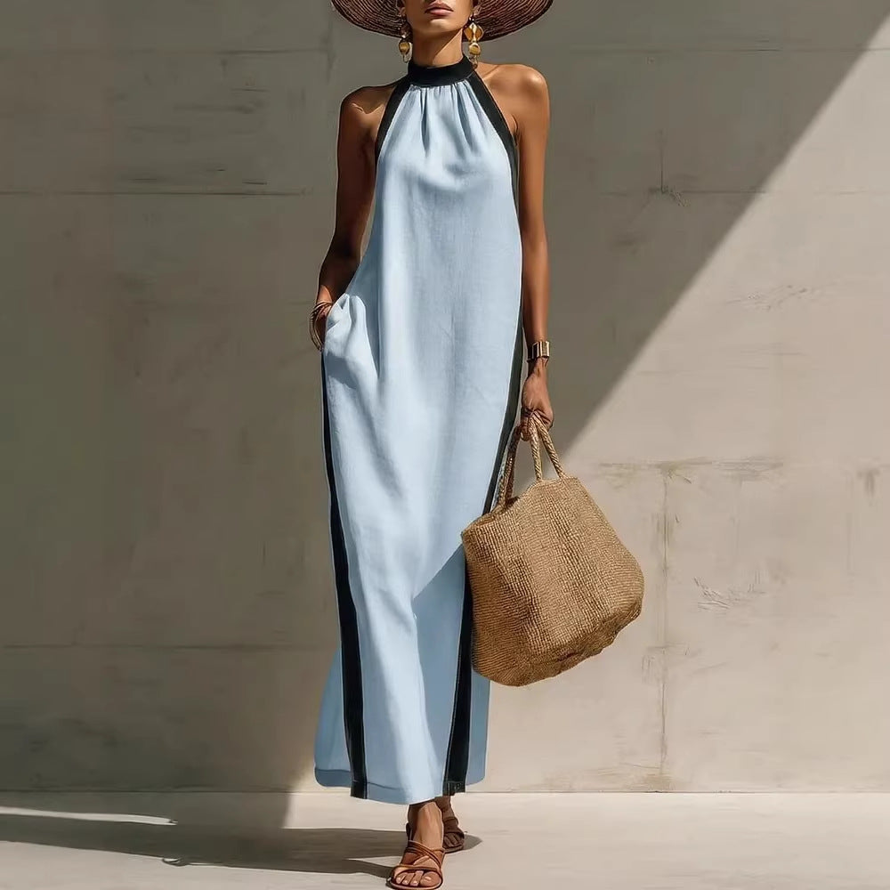 Robe longue licou à liseré contrastant
