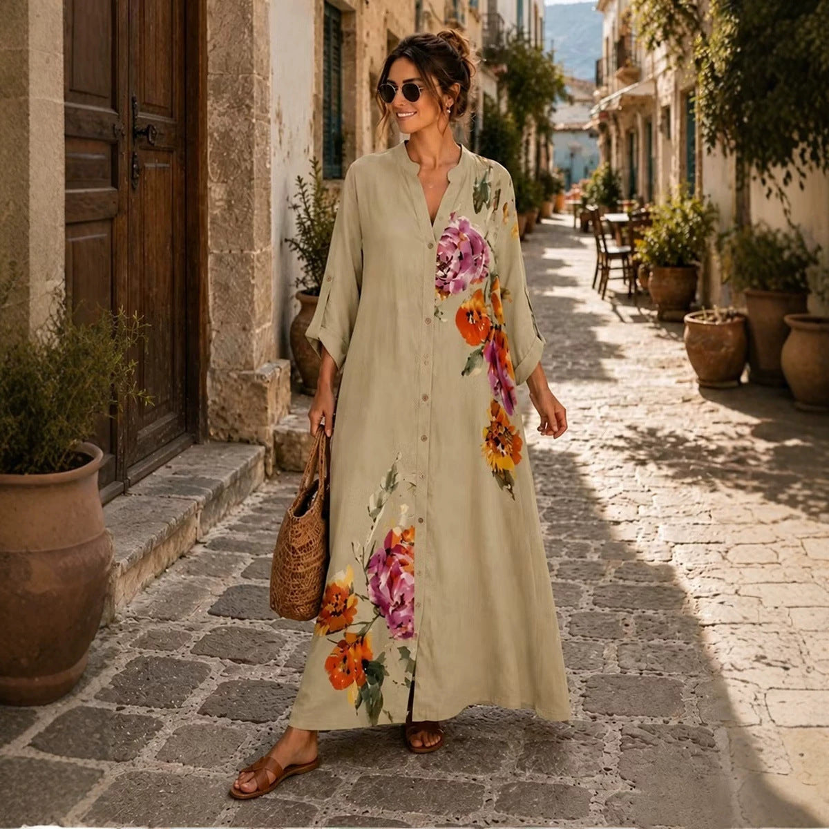Robe longue boutonnée en lin à imprimé floral