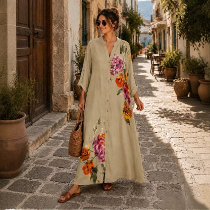 Robe longue boutonnée en lin à imprimé floral