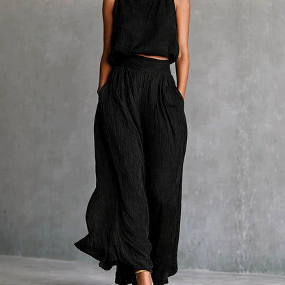 Ensemble assorti en lin texturé Chartreuse, débardeur sans manches et pantalon ample taille haute