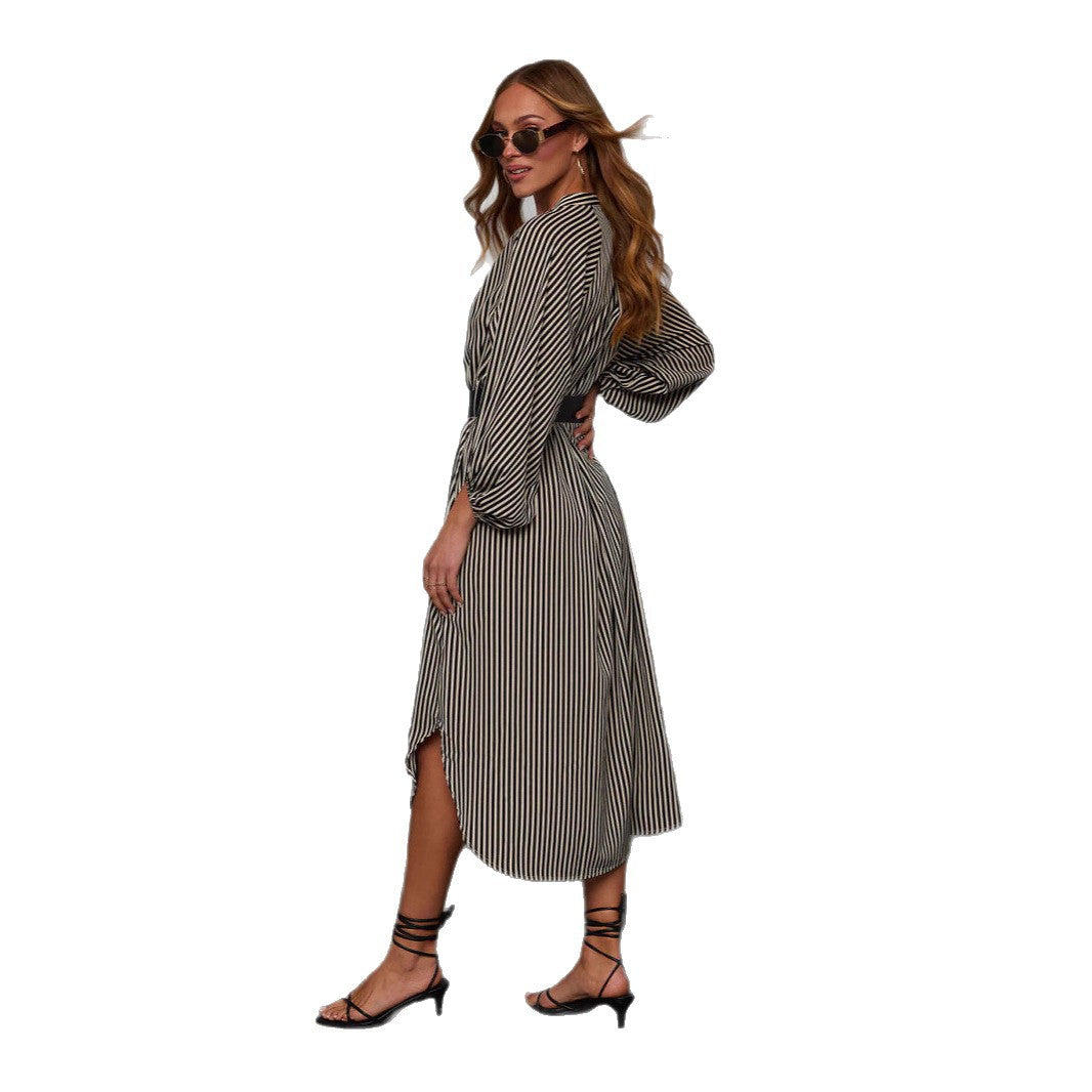 Robe midi rayée ceinturée