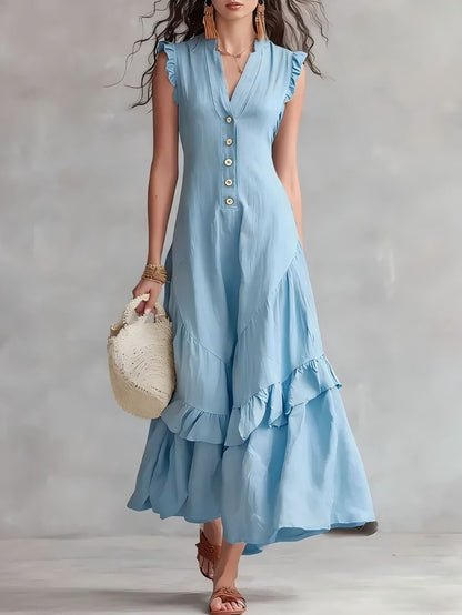 Robe longue sans manches à volants et col en V