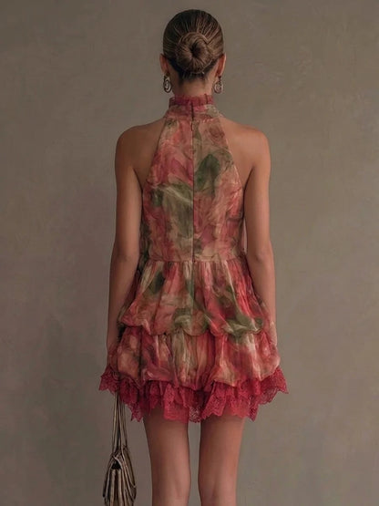 Romantic Floral Halter Tiered Lace Trim Mini Dress