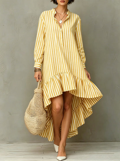 Robe longue à manches longues avec ourlet volanté et rayures verticales