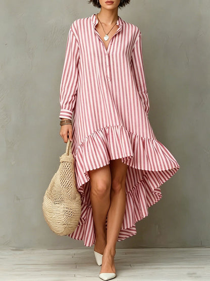 Robe longue à manches longues avec ourlet volanté et rayures verticales
