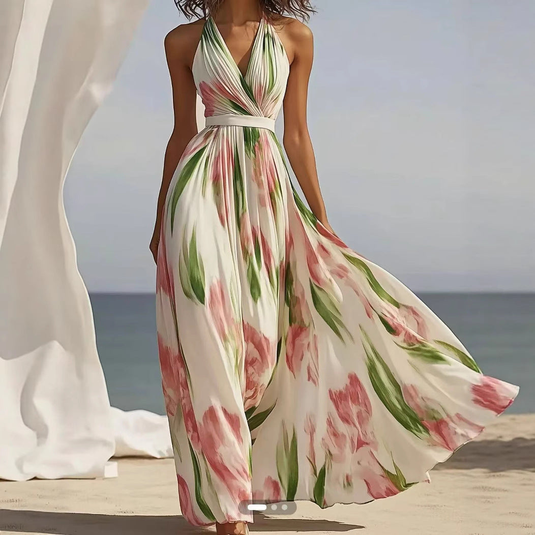 Robe longue plissée à fleurs avec encolure en V et ceinture à la taille