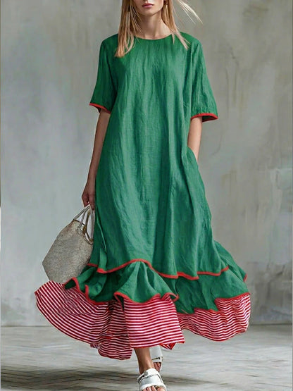 Robe longue ample en lin à rayures passepoilées et ourlet à volants