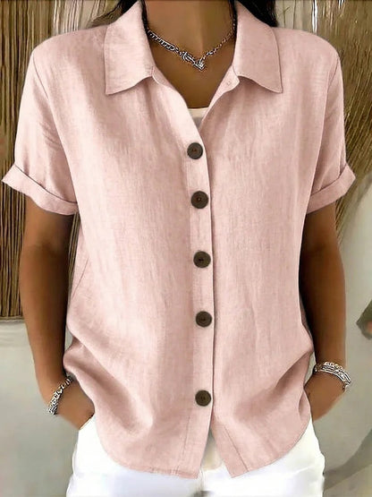 Women's short-sleeved linen shirt, with turn-down collar