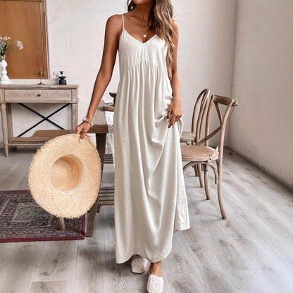 Robe longue midi sans manches en lin ample décontractée