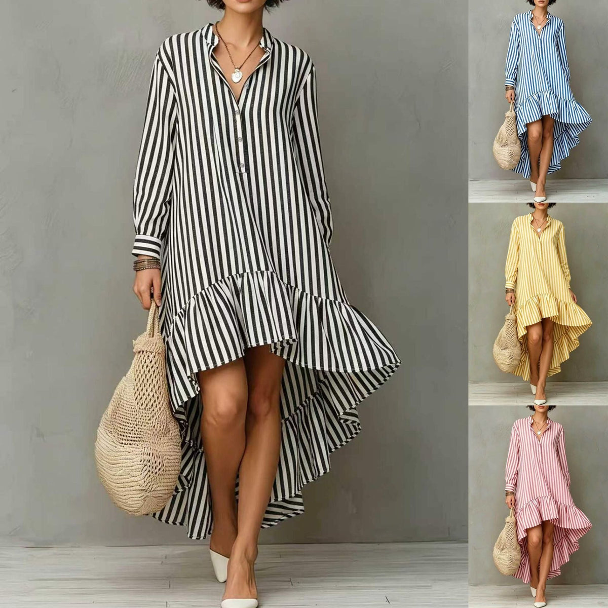 Robe longue à manches longues avec ourlet volanté et rayures verticales
