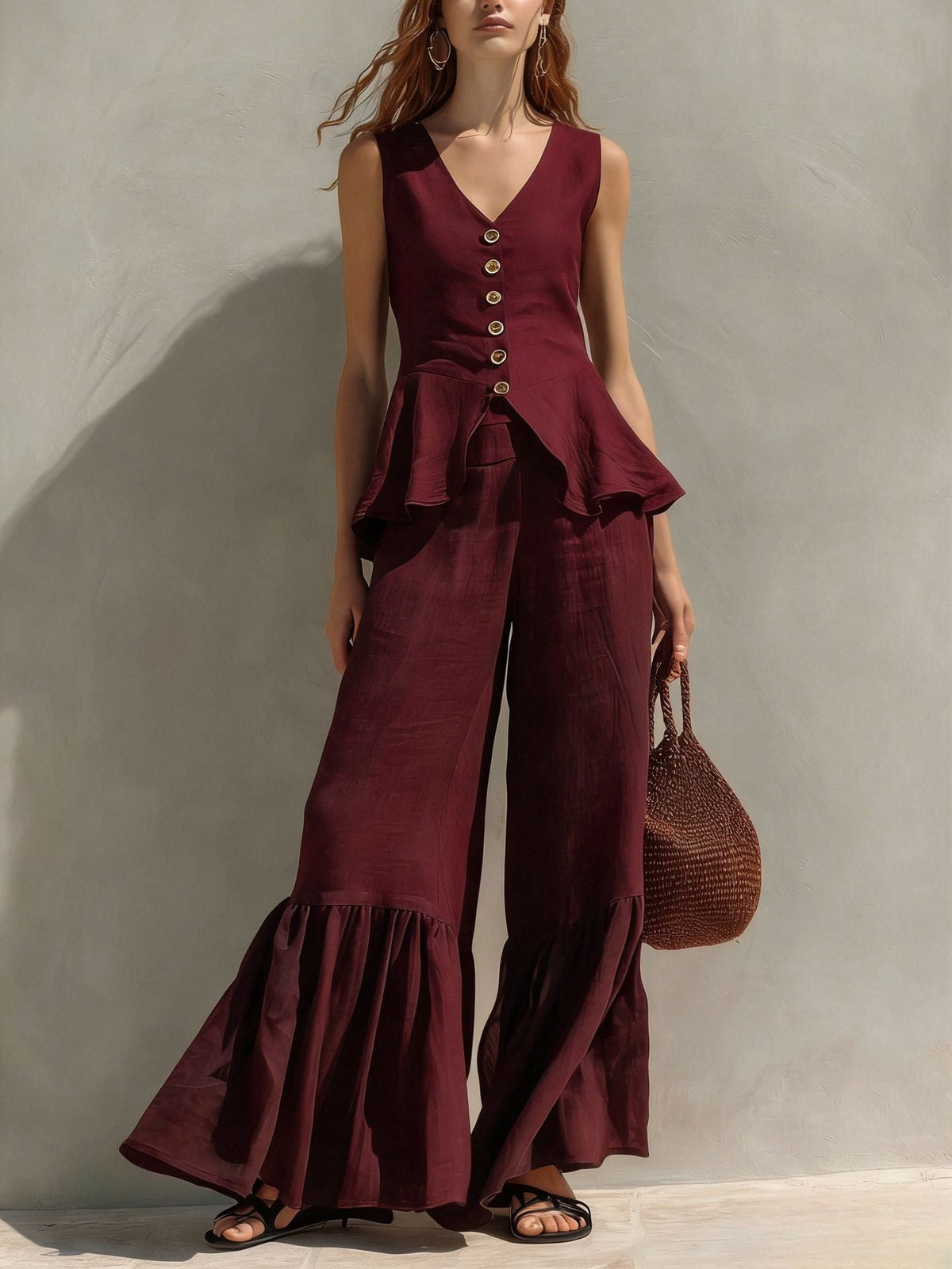 Ensemble haut péplum et pantalon large à volants en mélange de lin moutarde