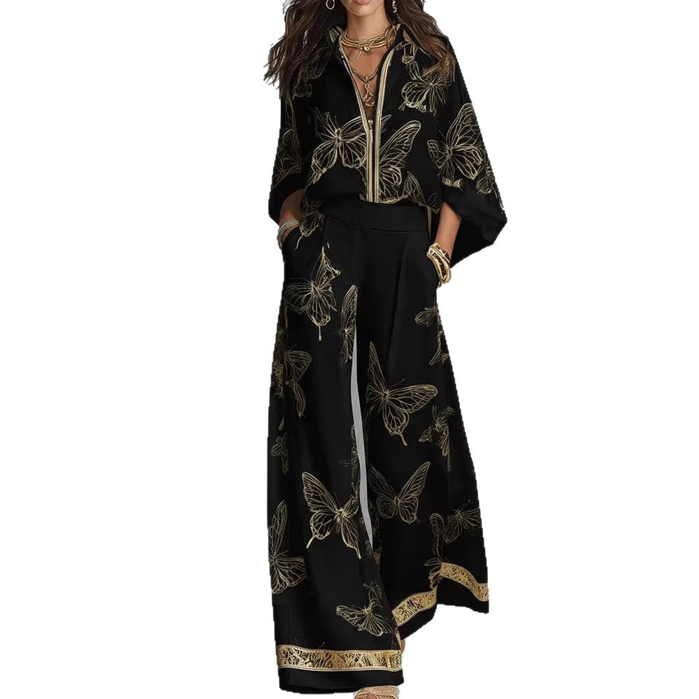 Ensemble deux pièces pantalon large taille haute, tenue de vacances élégante en satin de luxe