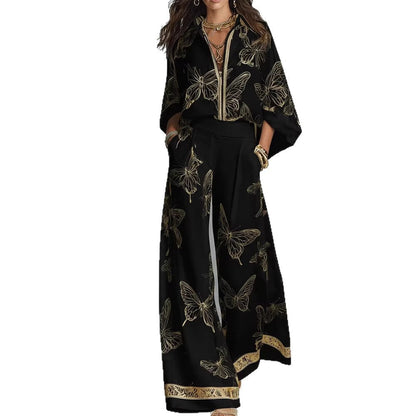 Ensemble deux pièces pantalon large taille haute, tenue de vacances élégante en satin de luxe