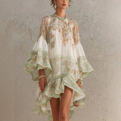 Mini-robe femme en polyester extensible imprimée bohème avec manches évasées à volants