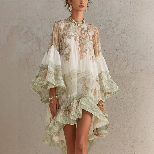 Mini-robe femme en polyester extensible imprimée bohème avec manches évasées à volants