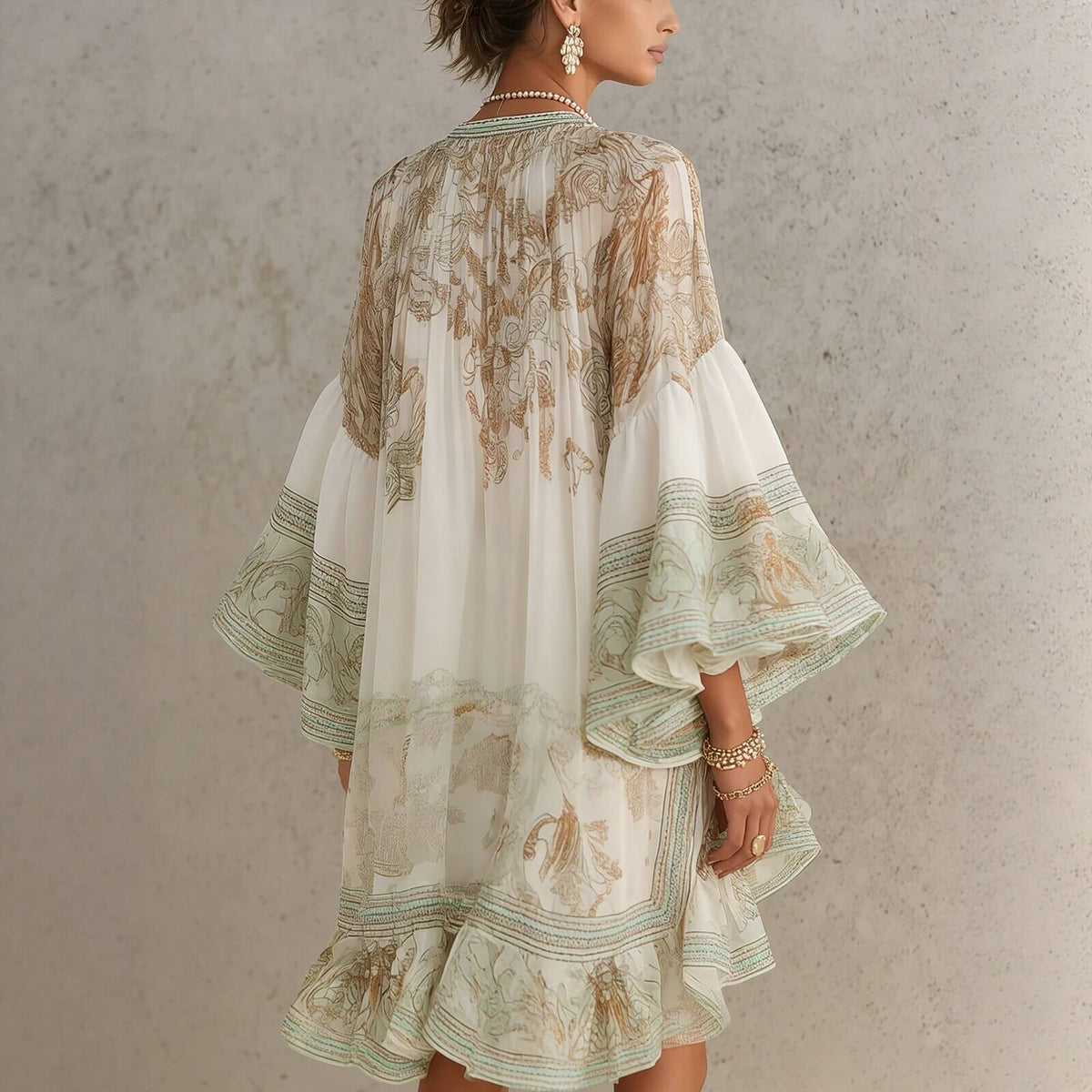 Mini-robe femme en polyester extensible imprimée bohème avec manches évasées à volants