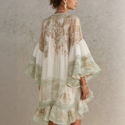 Mini-robe femme en polyester extensible imprimée bohème avec manches évasées à volants