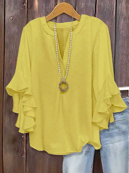 🍃 Blouse fleurie col V grandes tailles pour femmes | Haut fluide à manches volantées pour affiner bras et ventre | Chemise d'été décontractée et légère ☀️