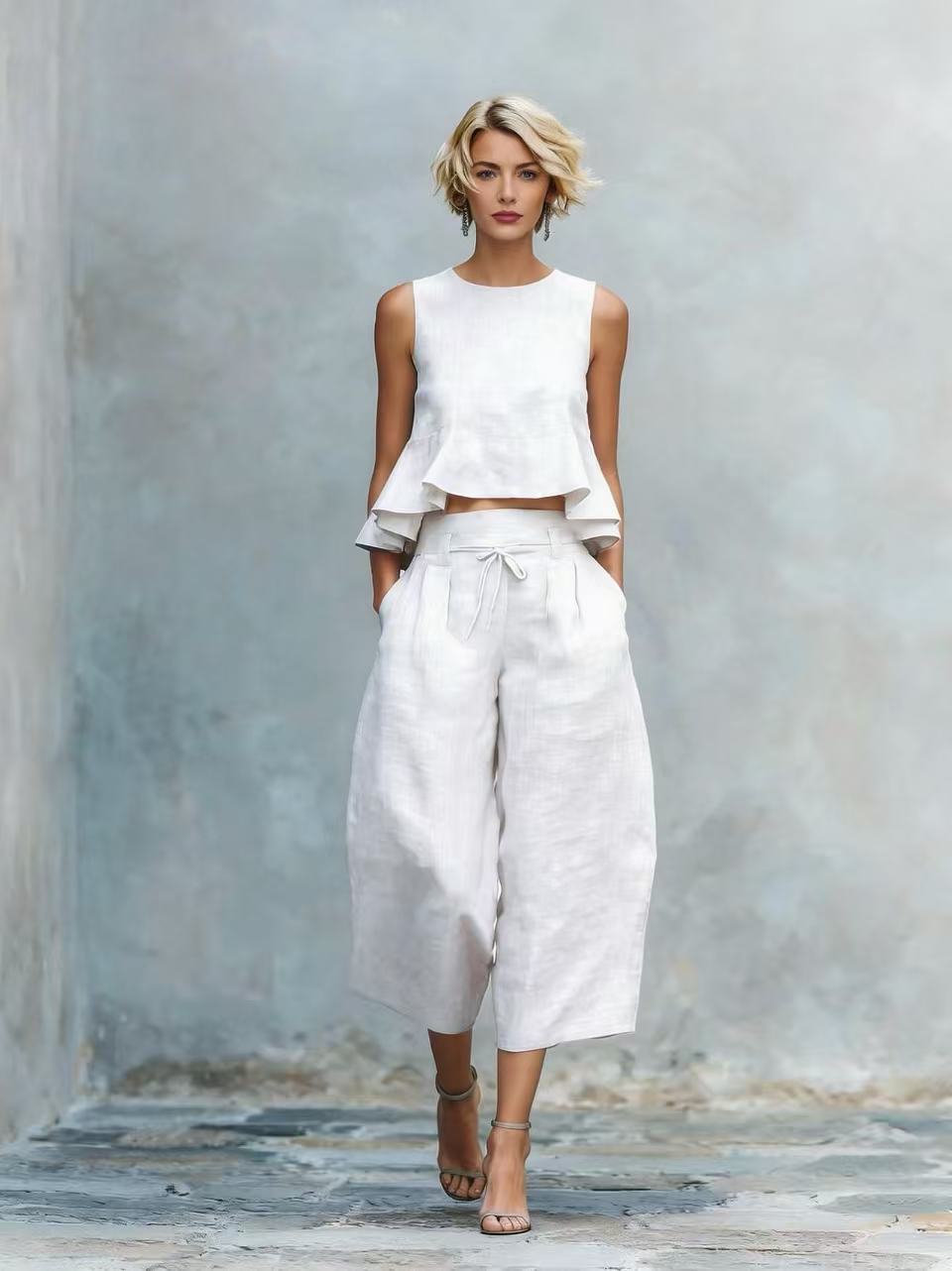 Ensemble deux pièces caraco court à volants en lin et pantalon culotte taille nouée