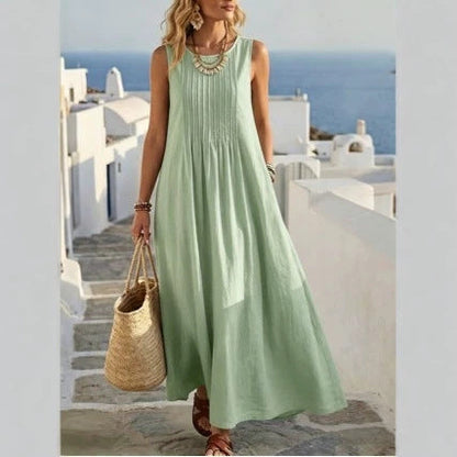 Robe longue de vacances plissée en mélange de lin avec poches