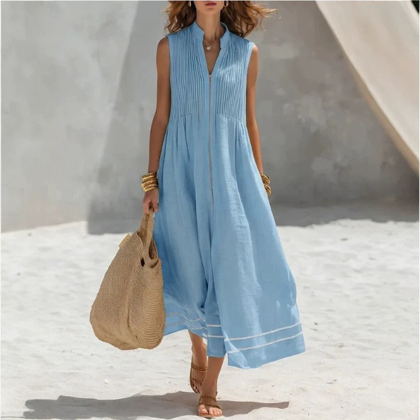 Robe midi sans manches en lin à col montant, plis et fermeture éclair sur le devant