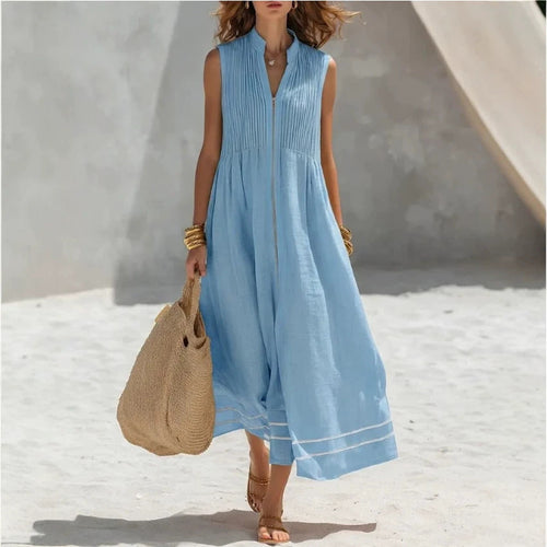 Robe midi sans manches en lin à col montant, plis et fermeture éclair sur le devant