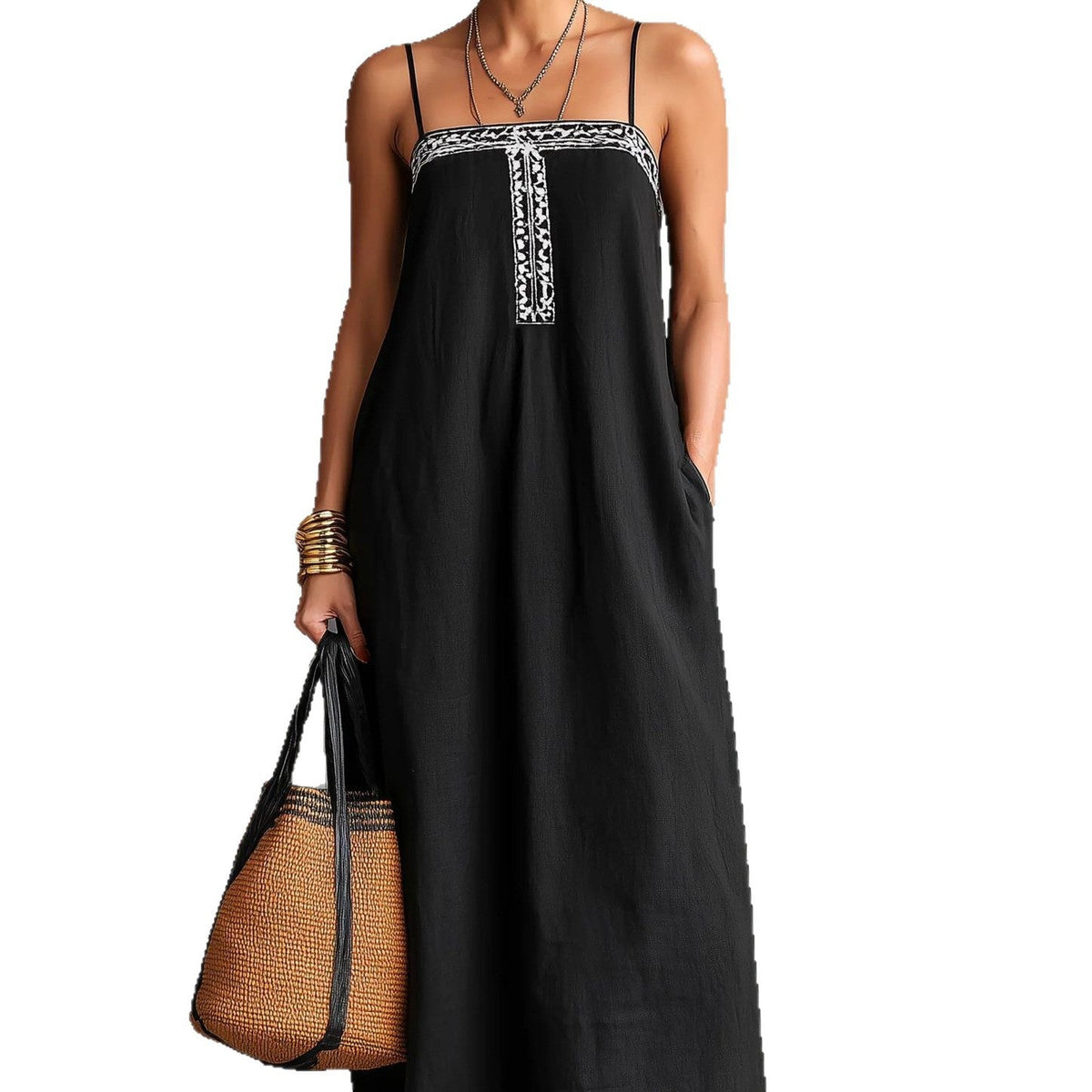 Robe longue en lin brodée noire