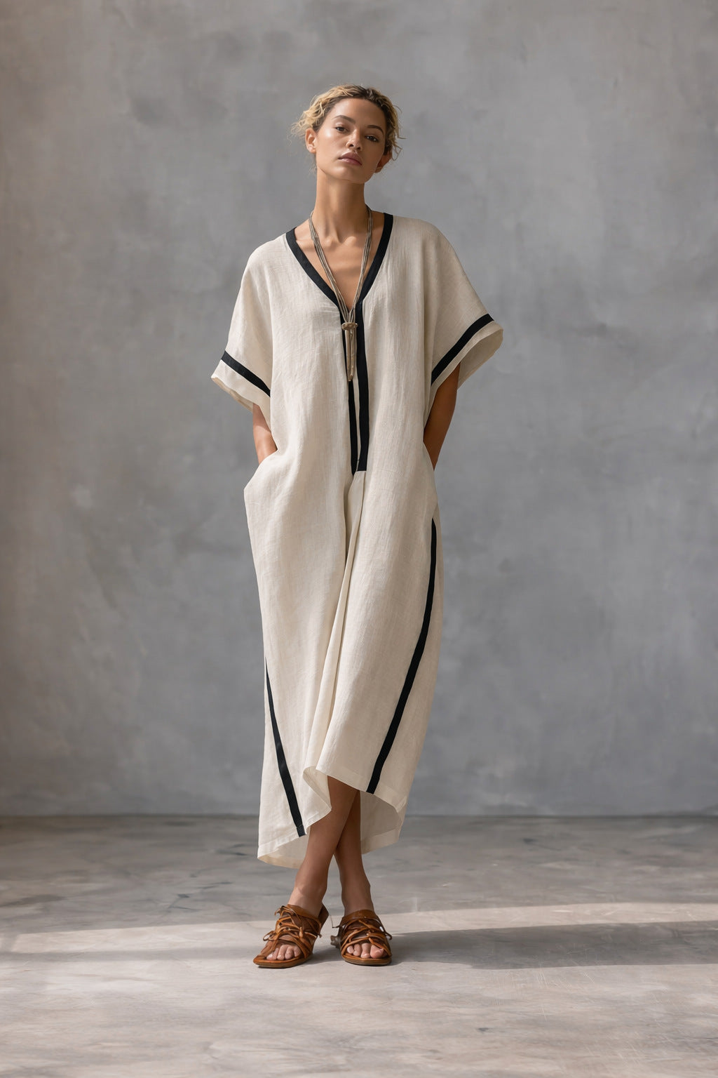 Linen blend V-neck caftan dress