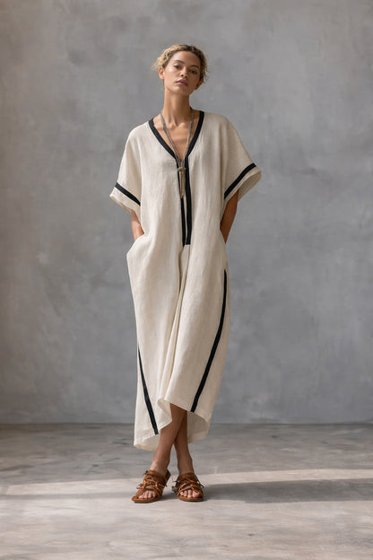 Linen blend V-neck caftan dress