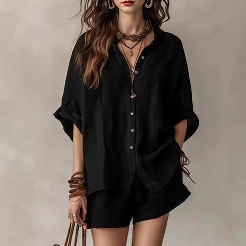 Ensemble chemise boutonnée et short oversize en mélange de lin | Tenue décontractée deux pièces respirante pour femme