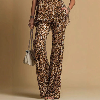 Ensemble assorti 2 pièces: Débardeur dos nu à strass imprimé léopard et pantalon taille haute coupe large