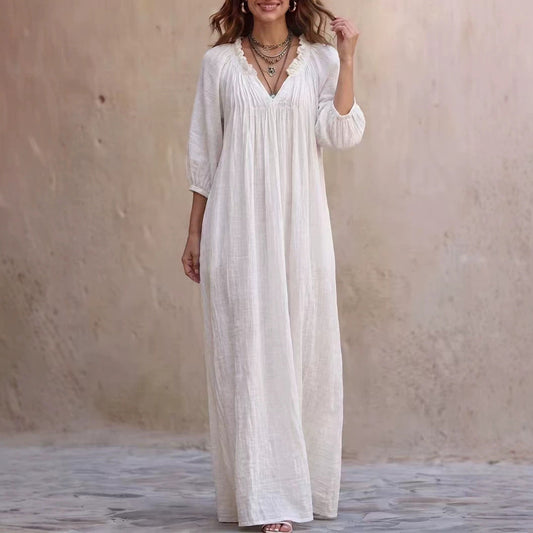 V‑Neck Ruffle Boho Maxi Dress Lantern 3/4 Sleeve Loose Casual Beach Cover‑up Caftan - White / XS