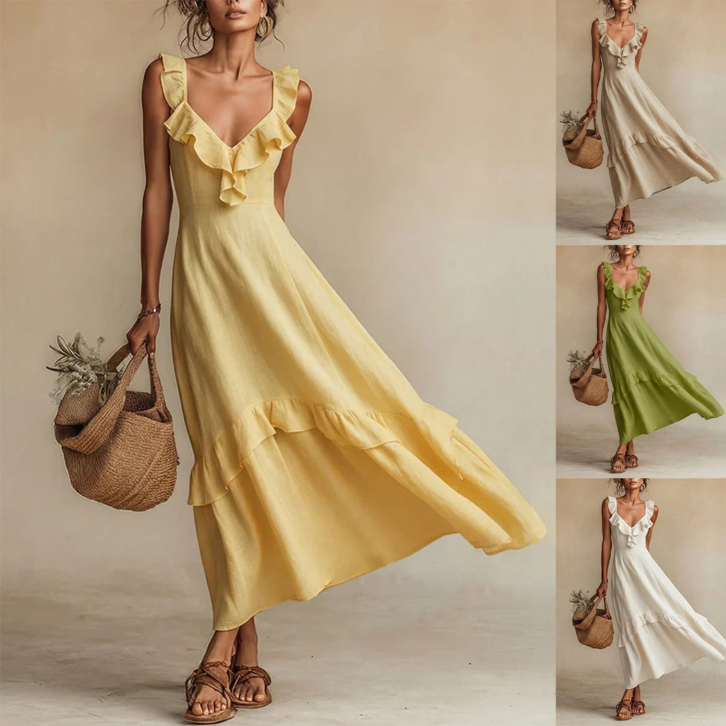 Robe longue maxi en mélange de lin à volants