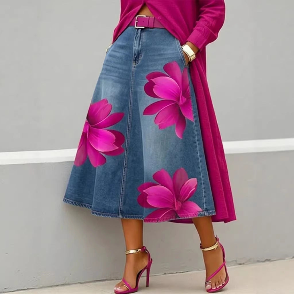 Jupe midi en jean à imprimé floral
