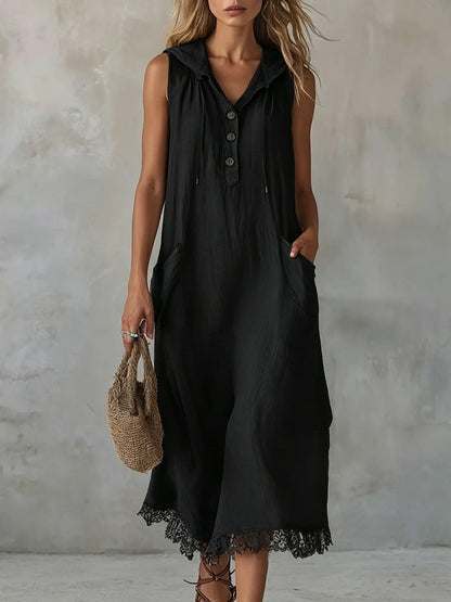 Robe midi sans manches en lin avec col, demi-bouton et ourlet en dentelle