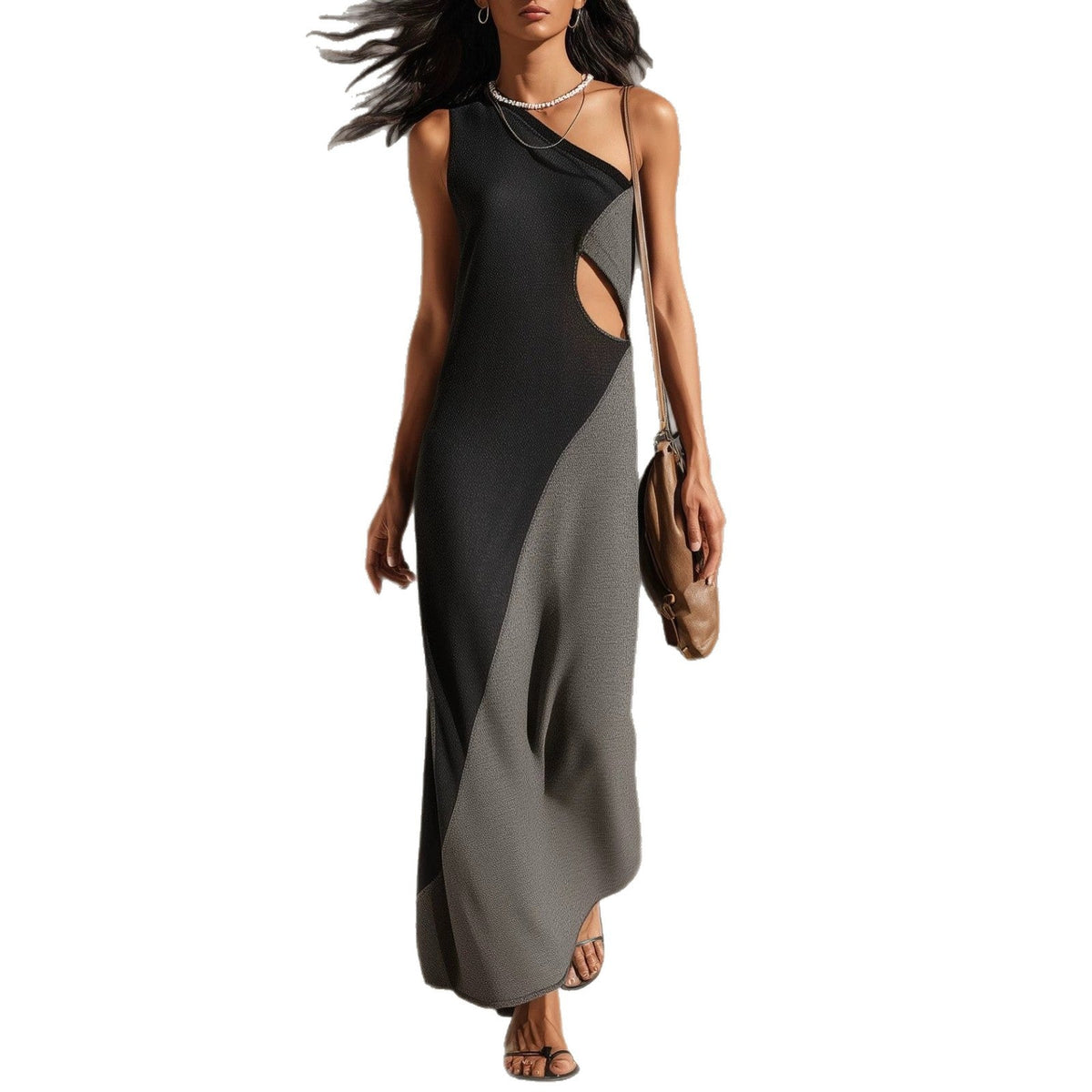 Robe longue texturée asymétrique à découpe à une épaule