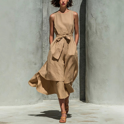 Robe midi en lin superposée sans manches avec lien à la taille