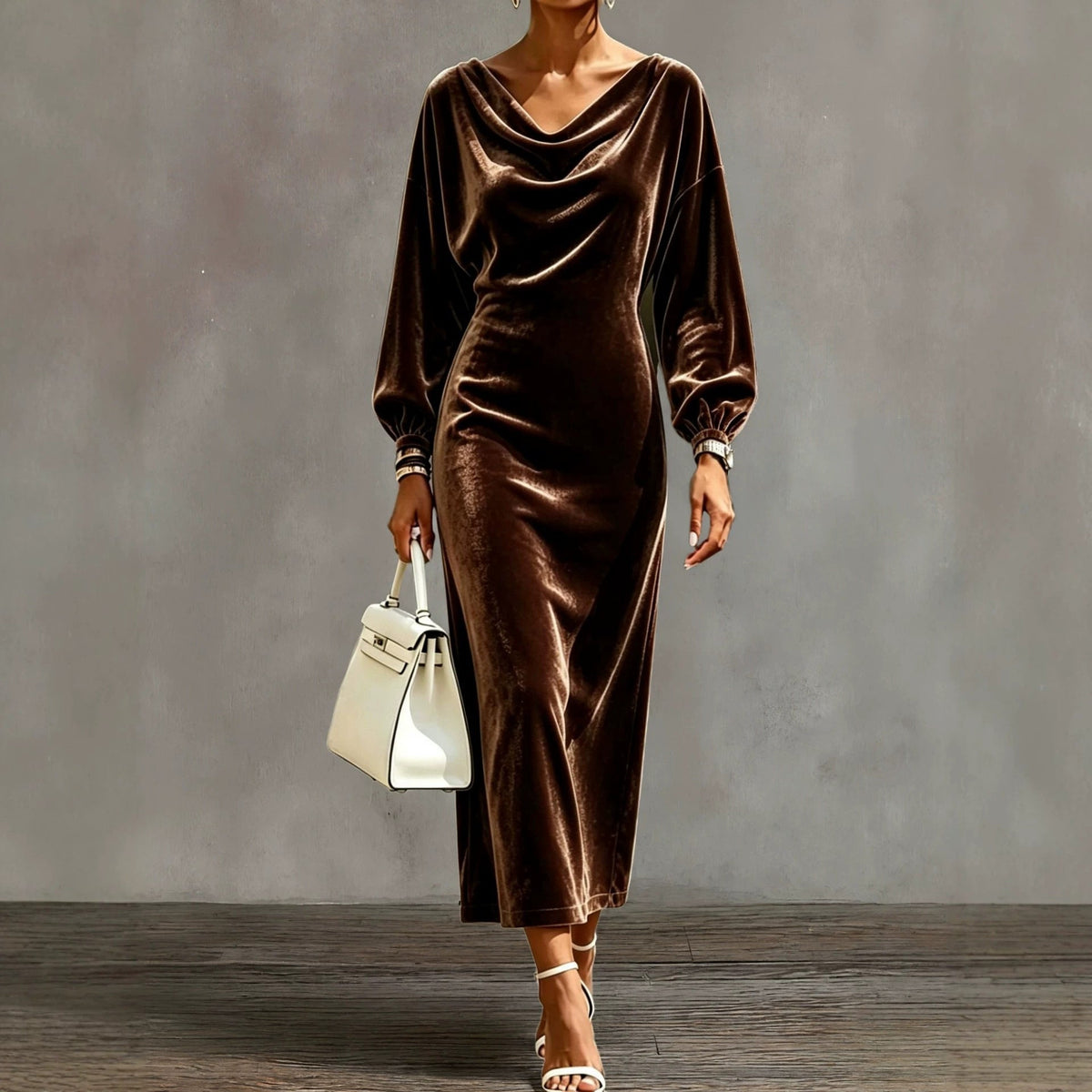 Robe midi en velours à col cache‑cou et manches bouffantes