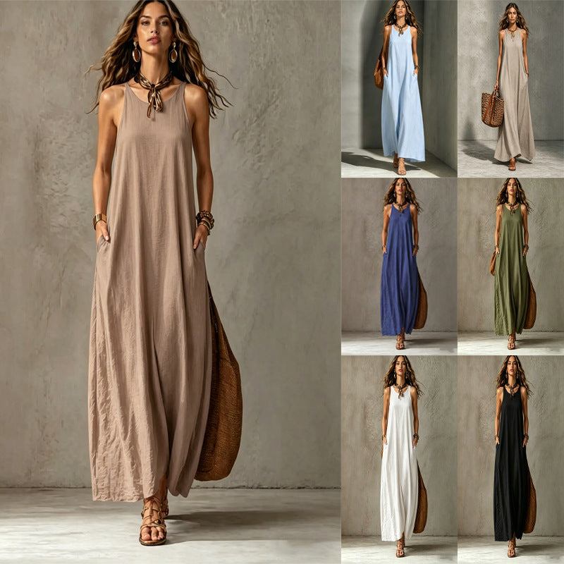 Robe longue texturée sans manches à encolure ronde et poches, coupe tente
