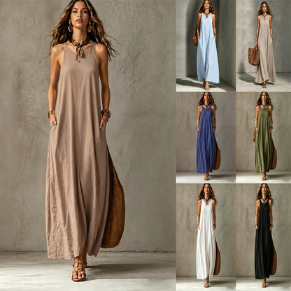 Robe longue texturée sans manches à encolure ronde et poches, coupe tente