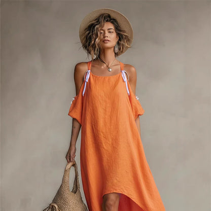 Robe longue asymétrique épaules dénudées orange vif