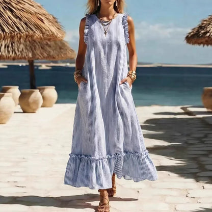 🌊 Robe longue à rayures et volants « Côté mer »