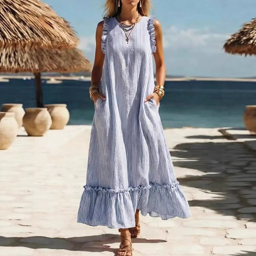 🌊 Robe longue à rayures et volants « Côté mer »