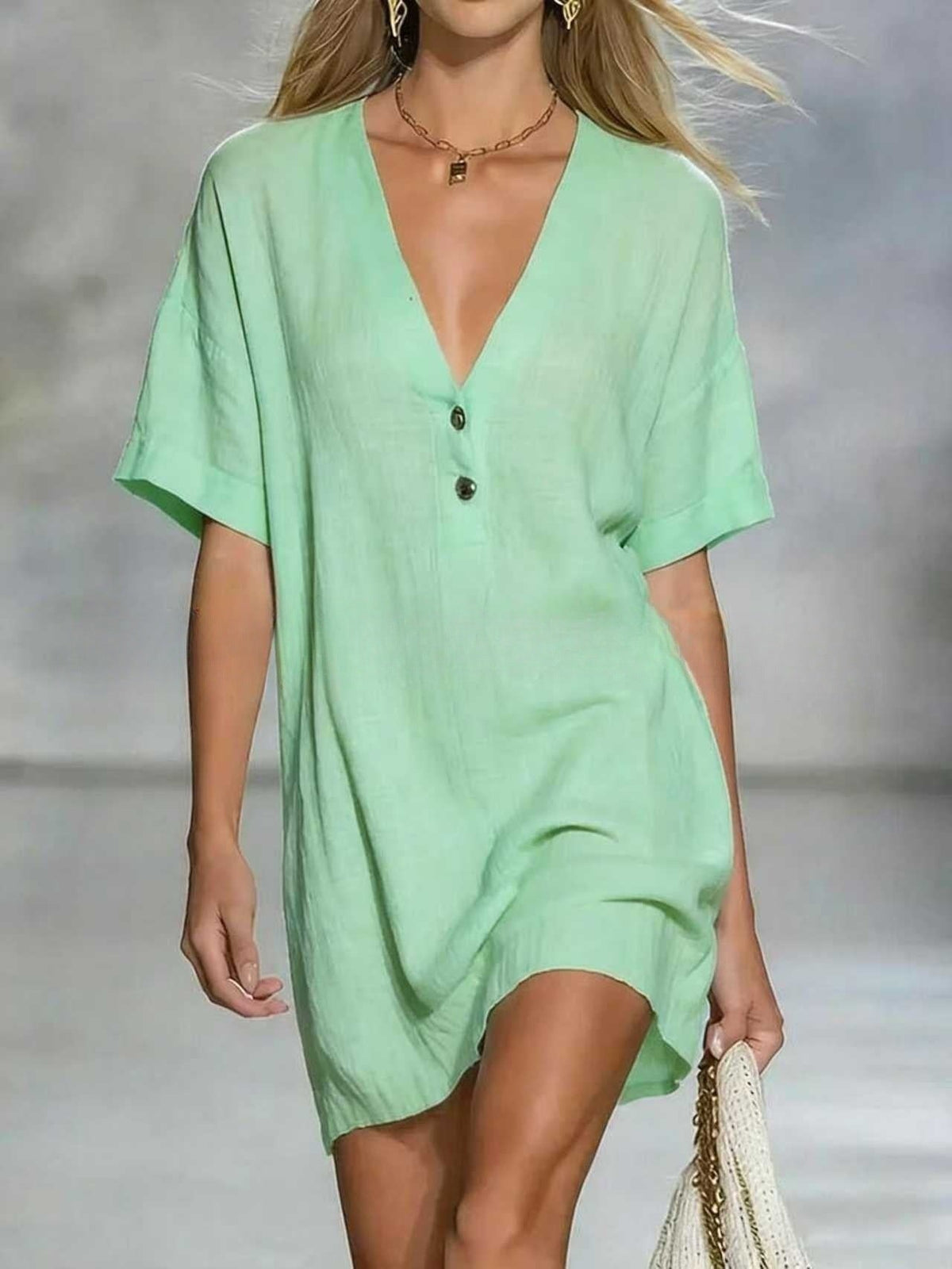 Robe chemise en lin mélangé à col en V, chic et facile à porter