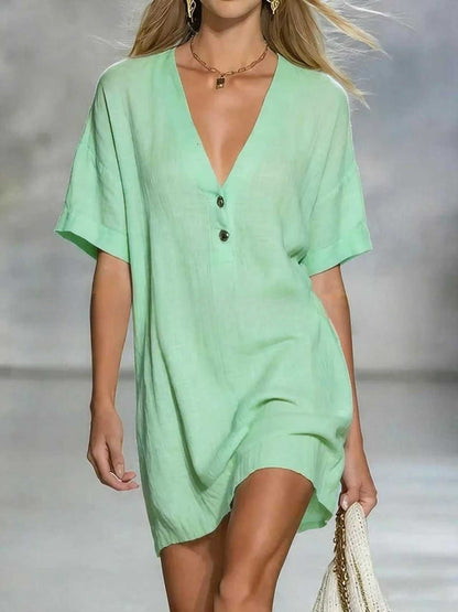Robe chemise en lin mélangé à col en V, chic et facile à porter