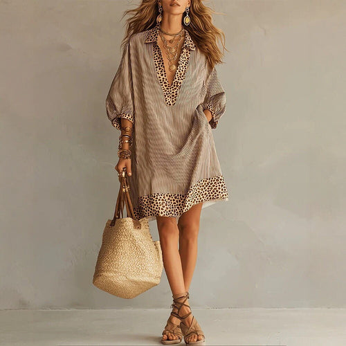 Mini-robe chemise ample à rayures léopard