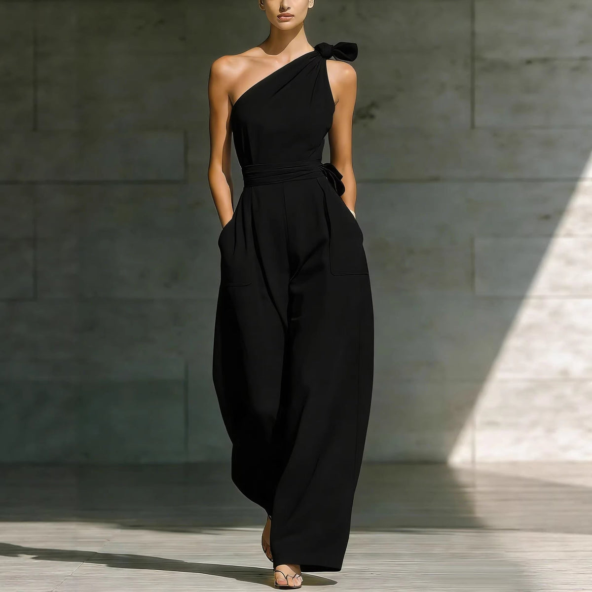 Asymmetric one-shoulder sleeveless jumpsuit with defined waist