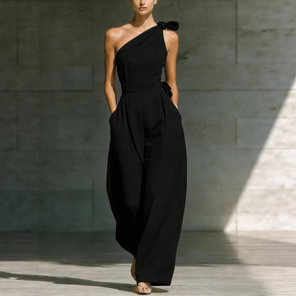 Asymmetric one-shoulder sleeveless jumpsuit with defined waist