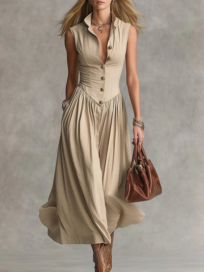 Robe Longue Slim Chic Style Déesse Française avec Col Revers et Sans Manches pour Femme