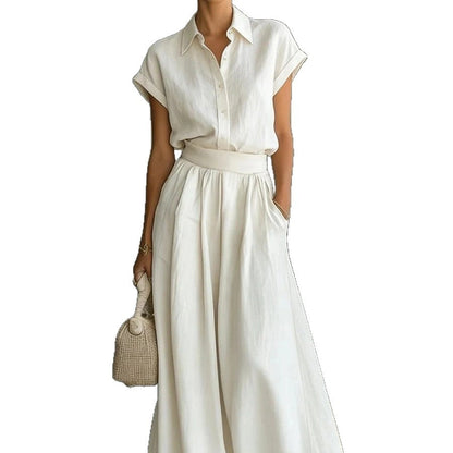 Ensemble deux pièces chemise à col et manches courtes et pantalon large taille haute